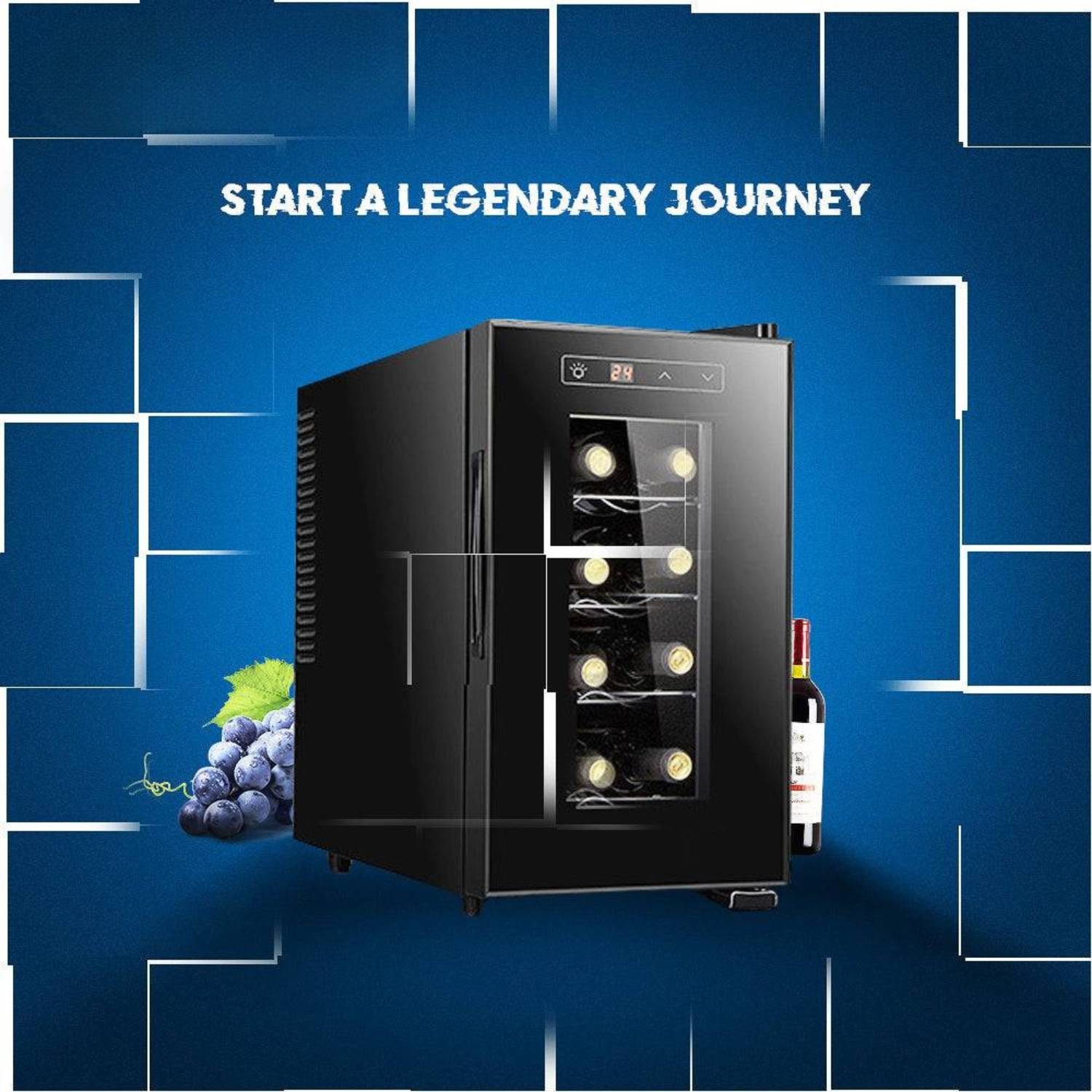 Black wine cooler with grapes and a bottle on a blue background with text 'Start a Legendary Journey'.