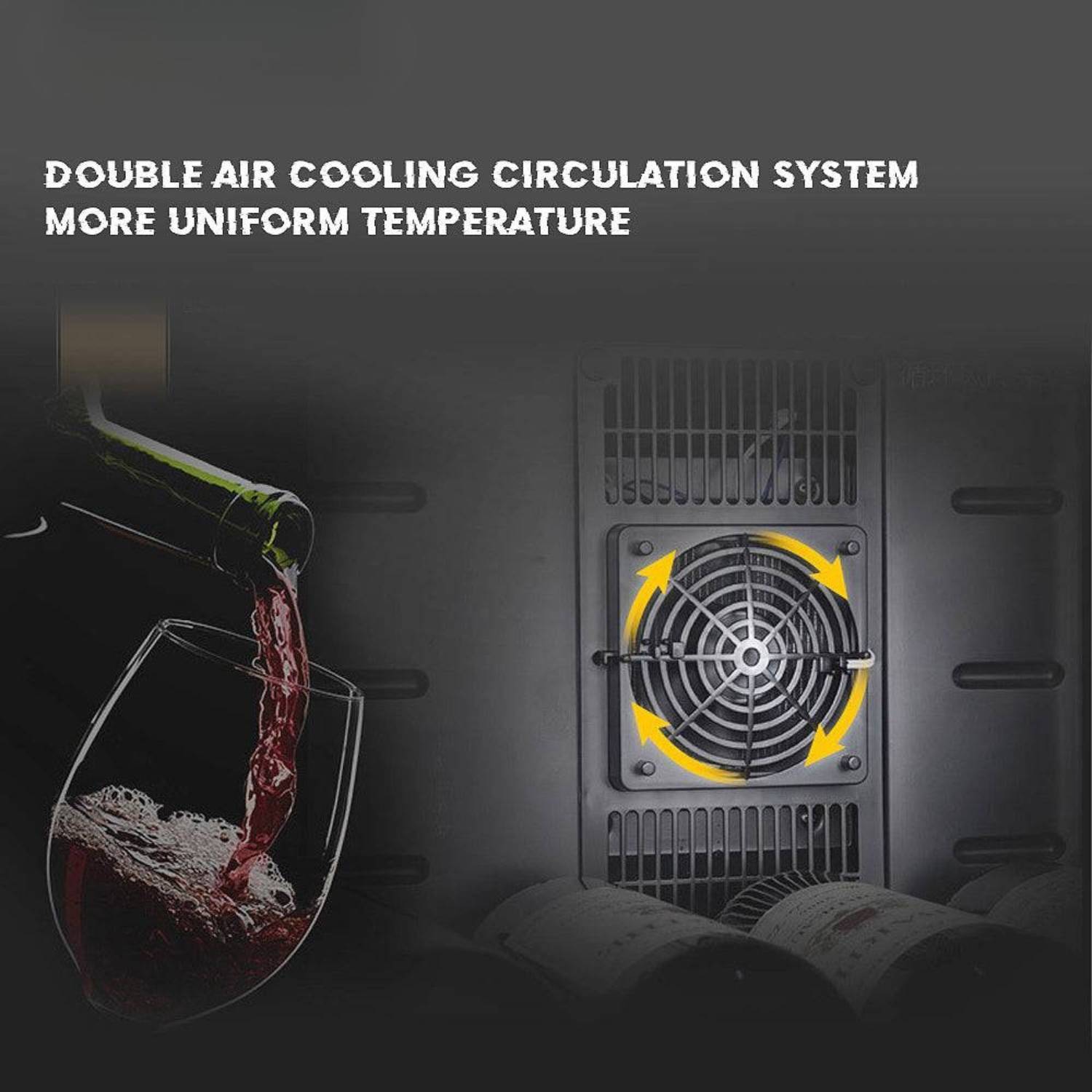 Wine being poured into a glass with a cooling system in the background, highlighting double air cooling circulation.