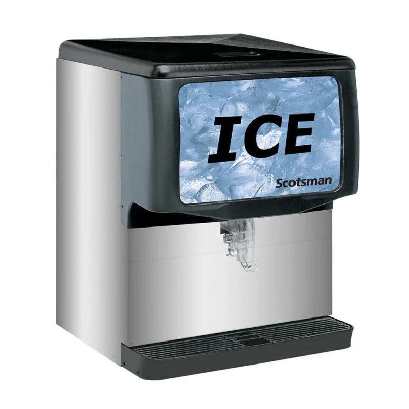 Ice machine with 'ICE' display and Scotsman logo on a white background