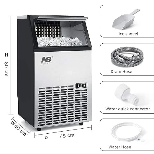 Portable ice maker with dimensions and included accessories on a white background