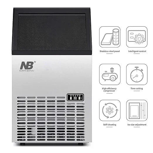 Ice maker with features listed on a white background