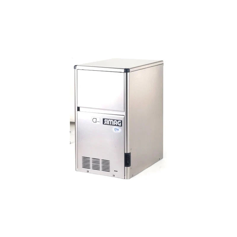 Stainless steel ice machine on a white background