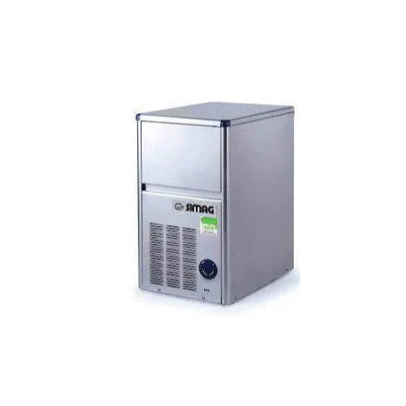 Stainless steel ice machine with Sanyo branding on a white background