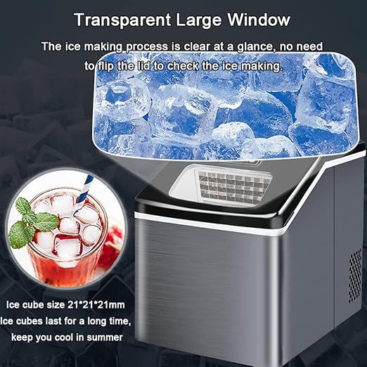 Ice maker with transparent lid showing ice cubes and a glass of iced drink.