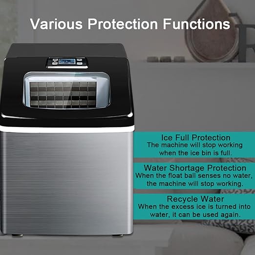 Portable ice maker with text explaining protection functions on a gray background