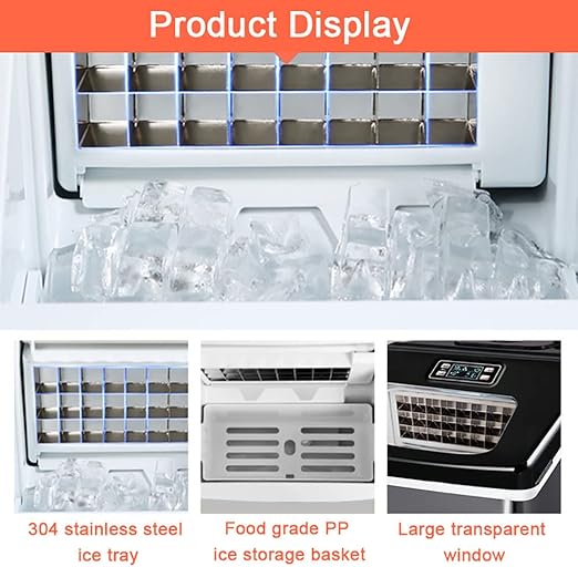 Ice maker with ice storage features and components highlighted.