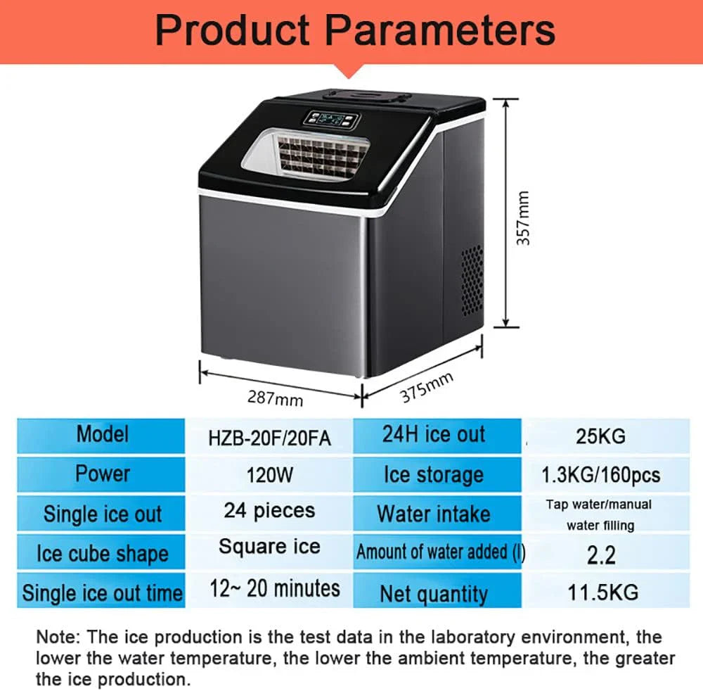 Portable ice maker with dimensions and specifications on a white background