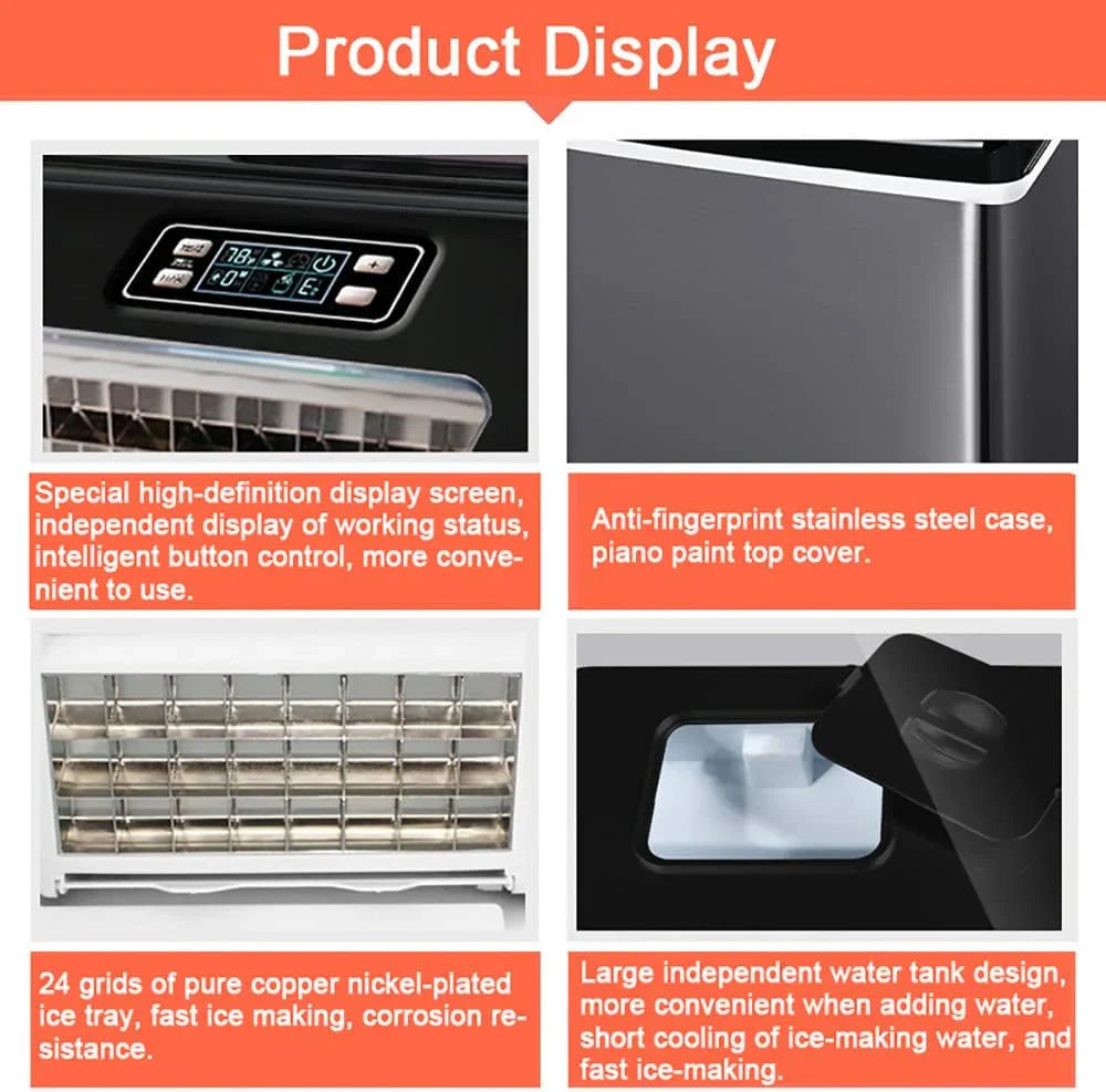 Product display of an ice maker with features highlighted.