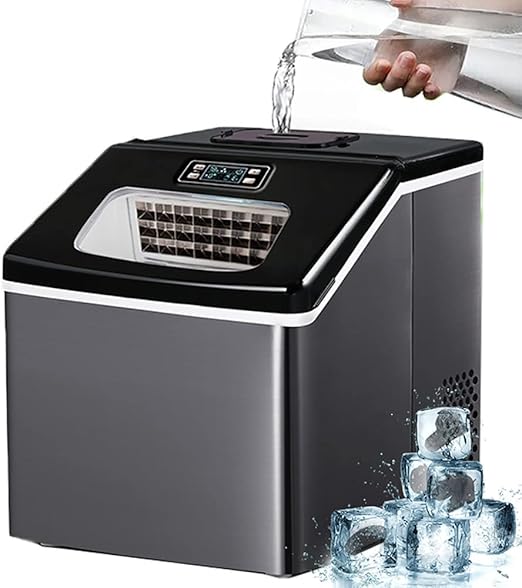 Portable ice maker with a person pouring water into it, surrounded by freshly made ice cubes.