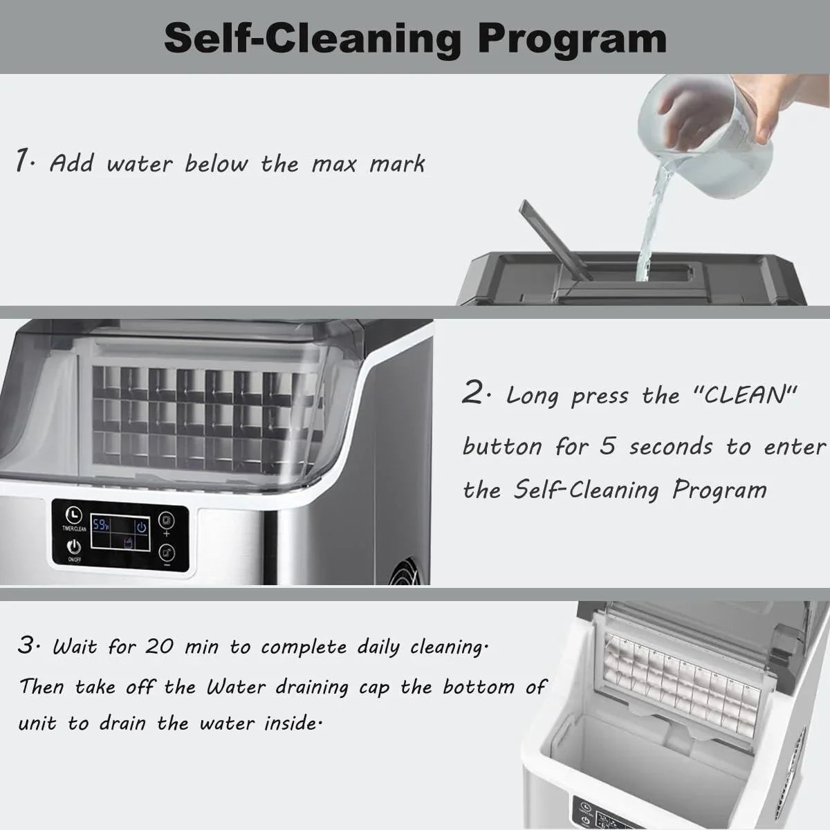 Instructions for a self-cleaning program on a kitchen appliance with text overlay.