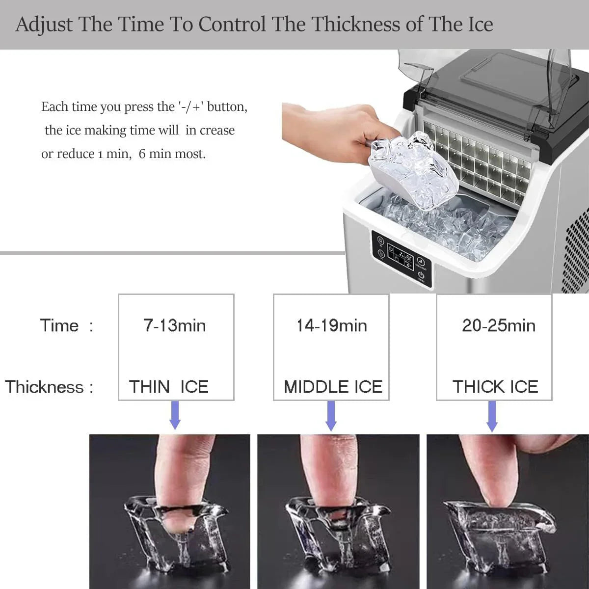 Ice maker with instructions on adjusting time to control ice thickness
