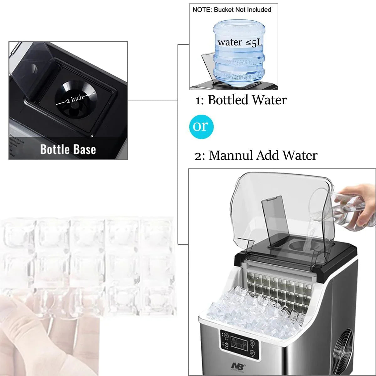 Ice maker machine with water addition instructions and ice cubes displayed.
