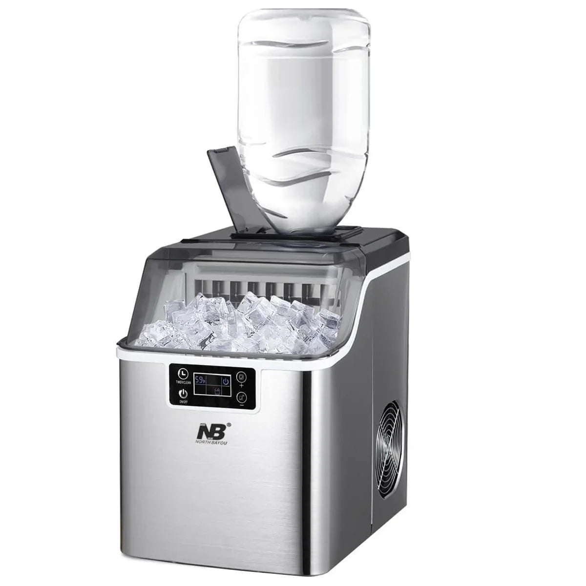 Portable ice maker with a clear container on a white background