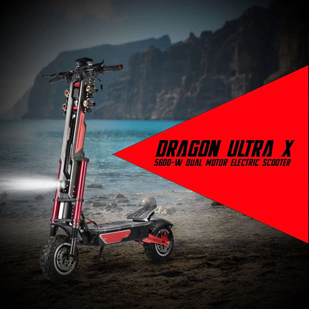 Dragon Ultra X electric scooter on a beach with mountains in the background