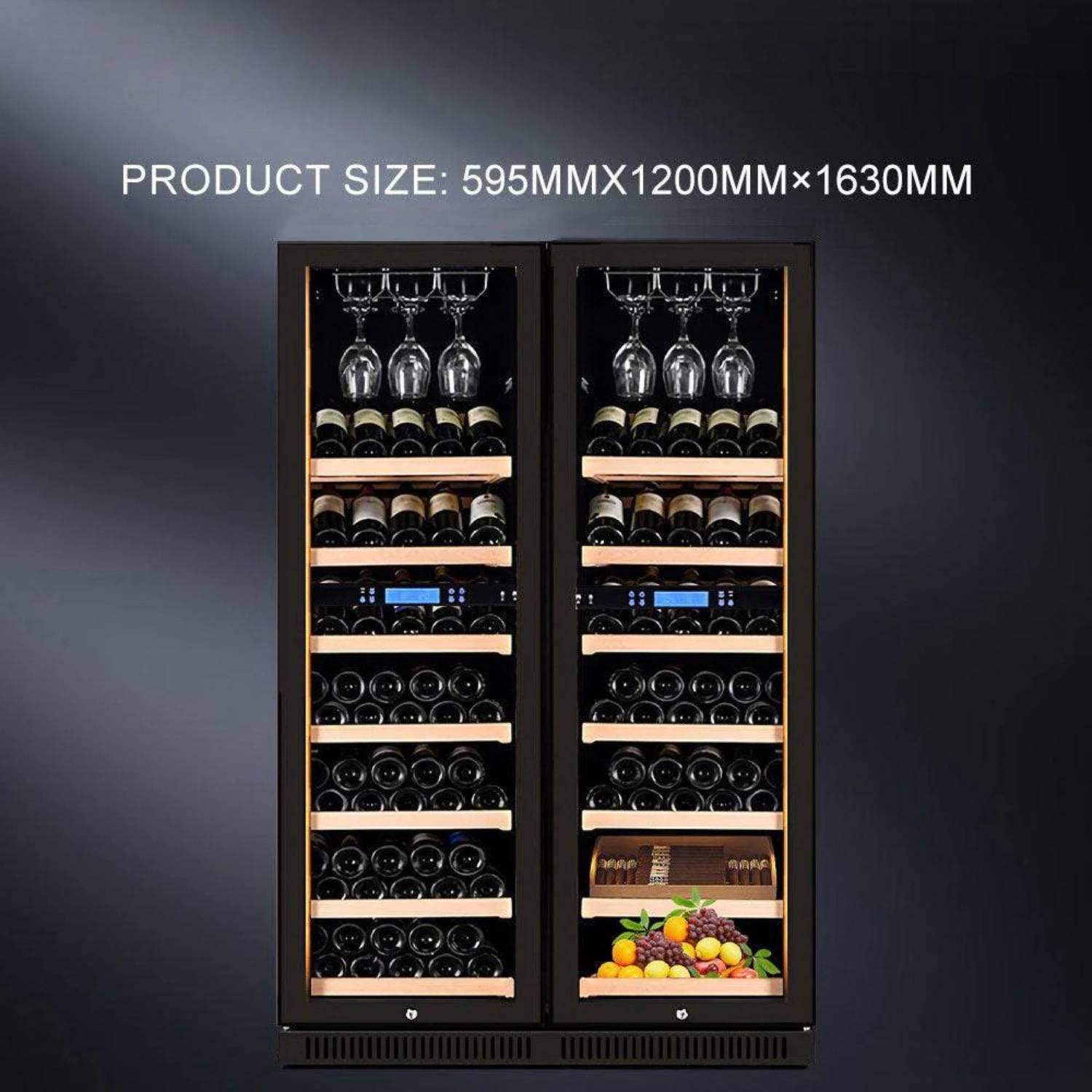 Wine cooler with wine bottles and glasses on a dark background