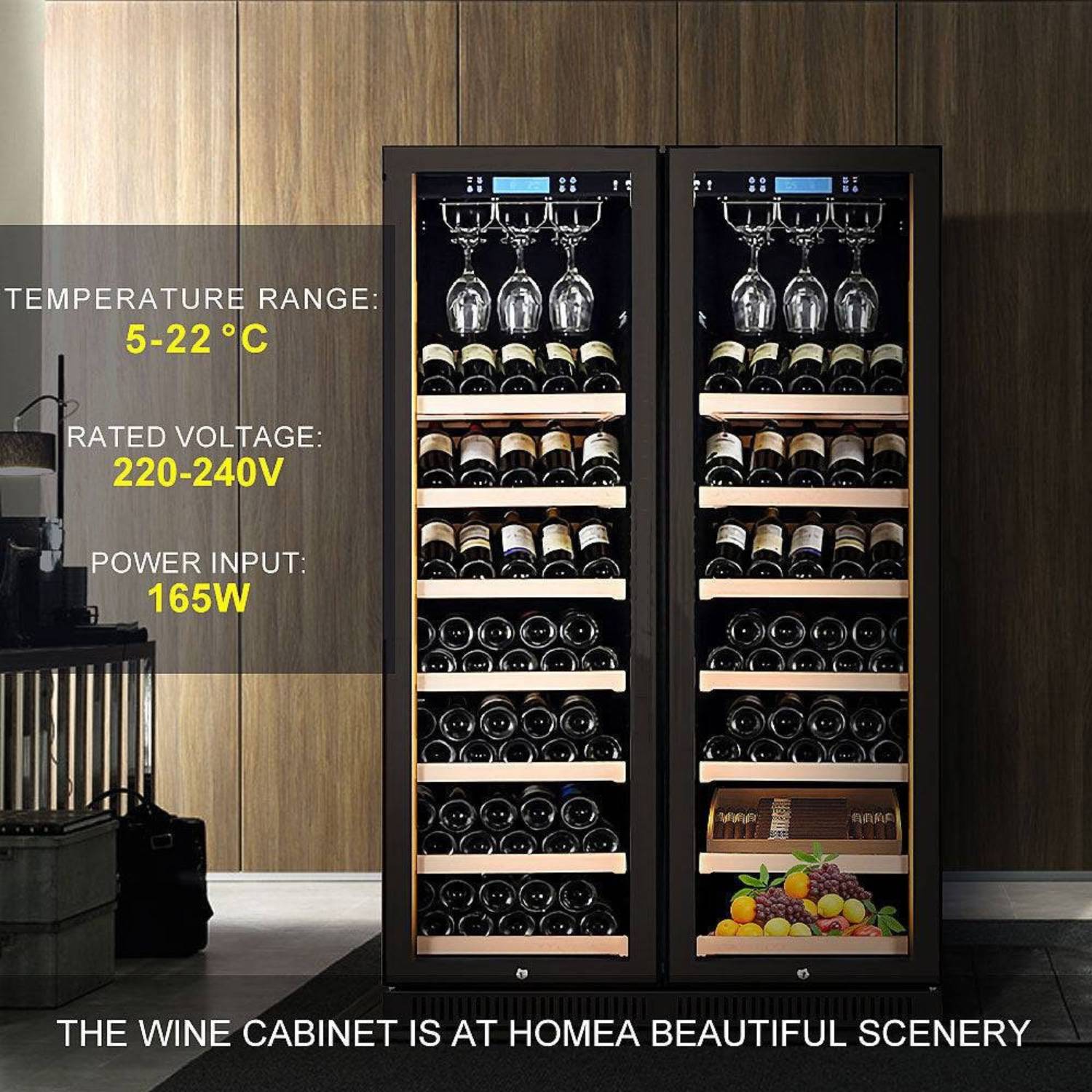 Wine cabinet with wine bottles and fruit display, featuring technical specifications.