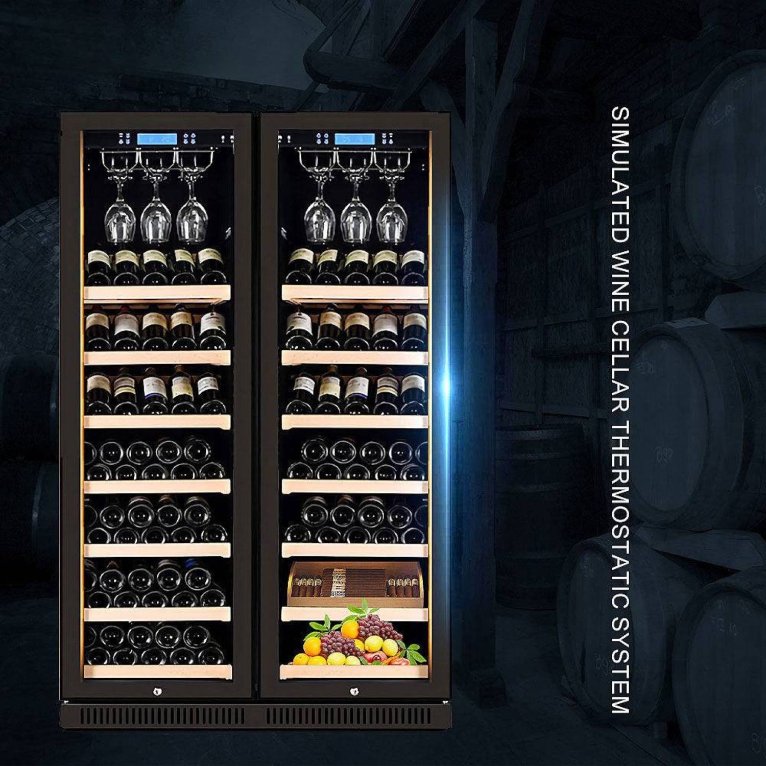 Simulated wine cellar with wine bottles and glasses on a dark background