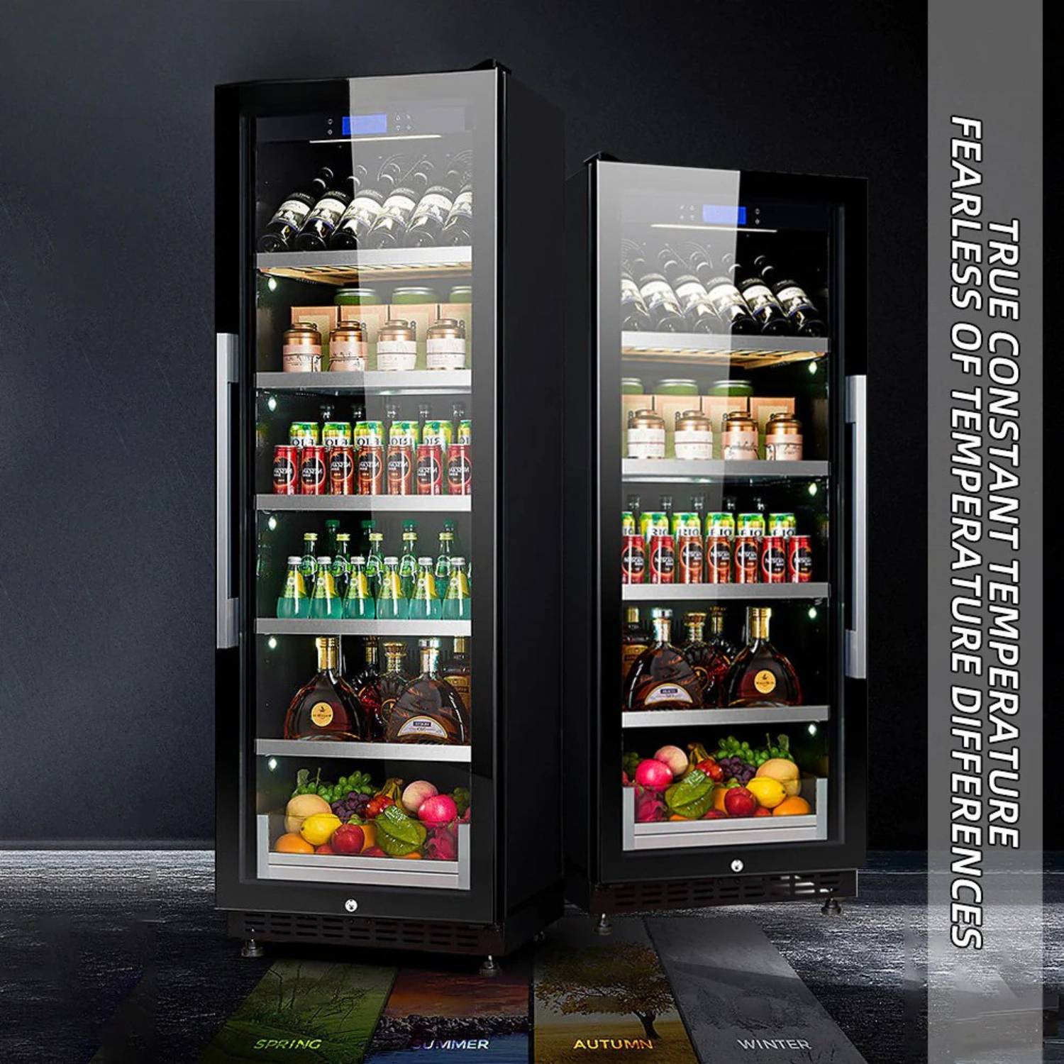 Two beverage coolers with various drinks and products on shelves against a dark background.