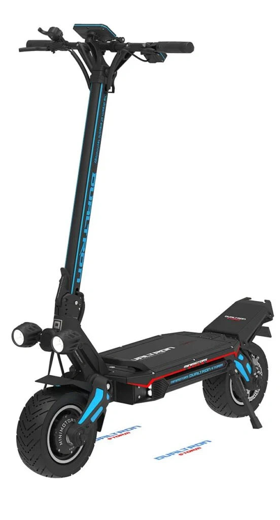 Black electric scooter with blue accents on a white background