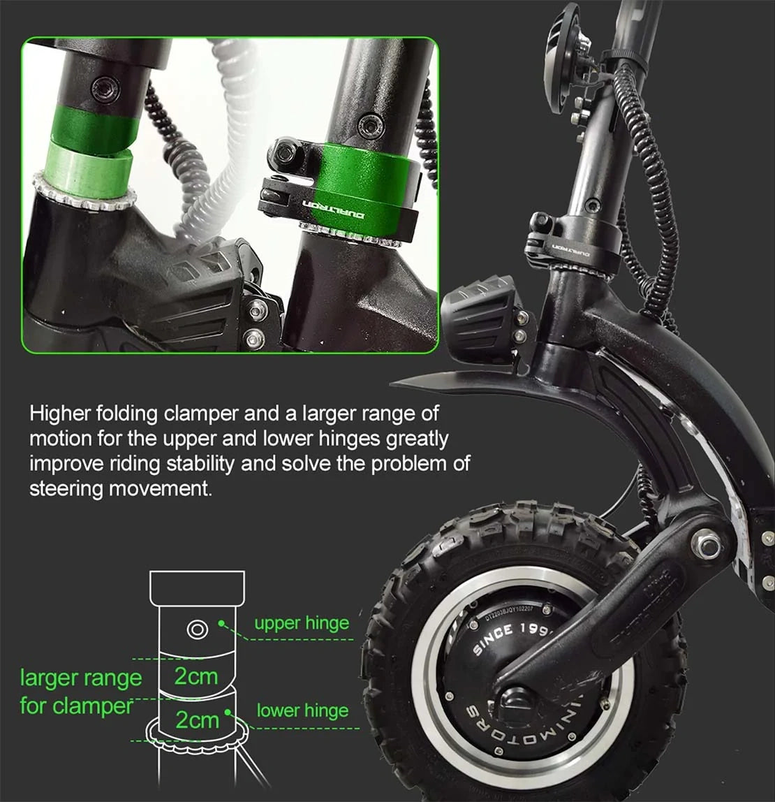 Close-up of a scooter with text and graphics explaining its features.