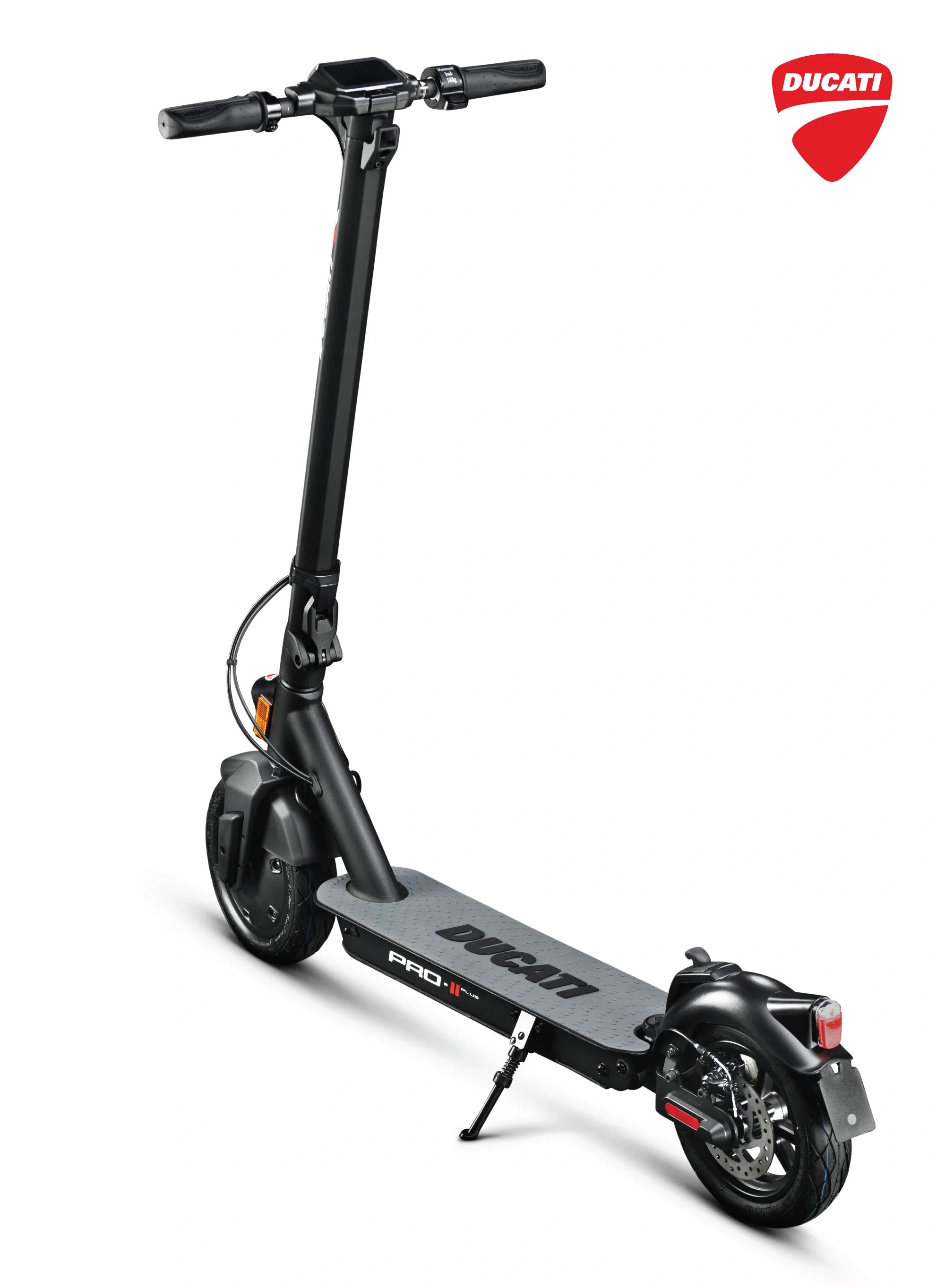 Black electric scooter with Ducati logo on a white background