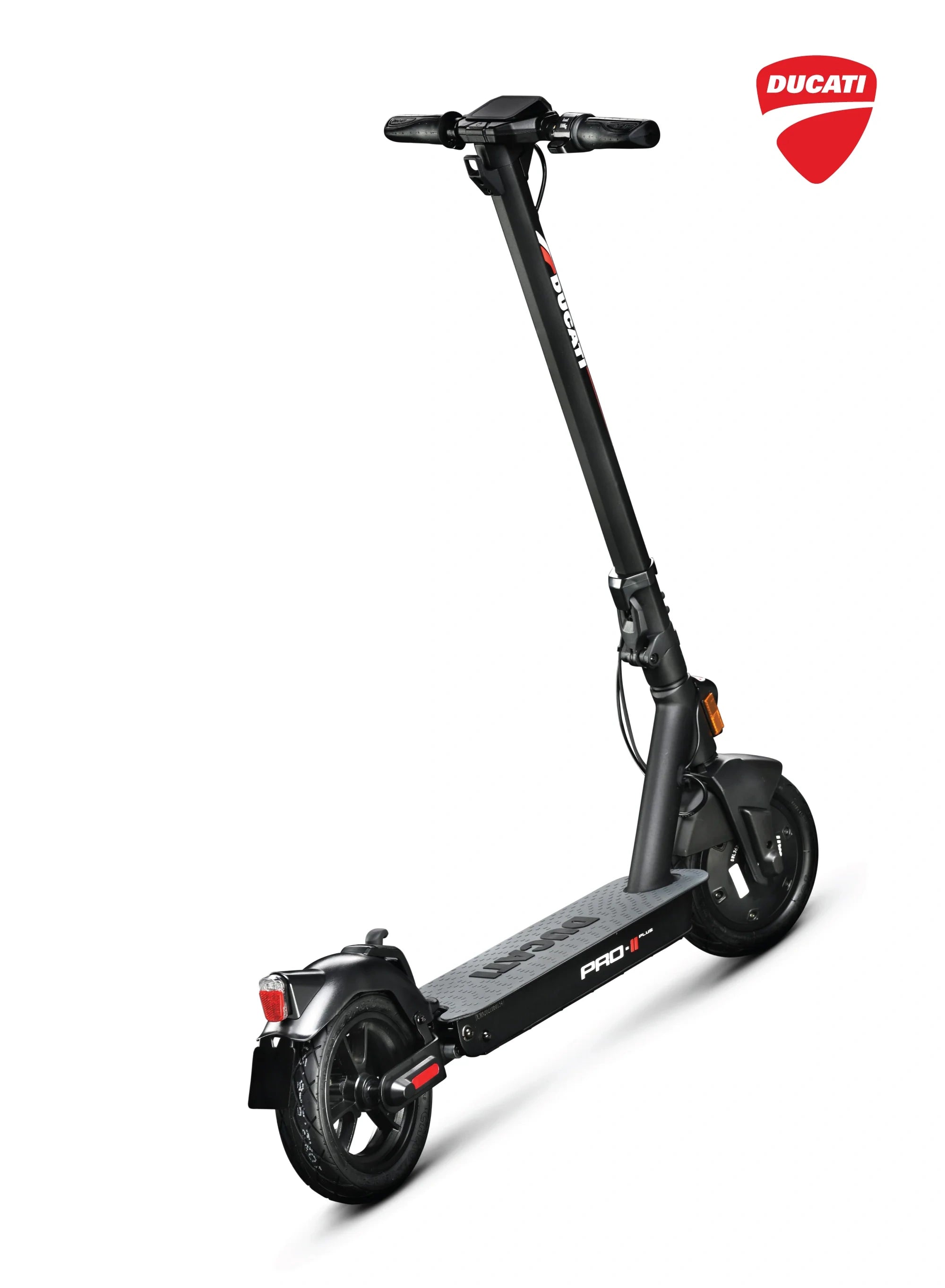 Black electric scooter with Ducati logo on a white background
