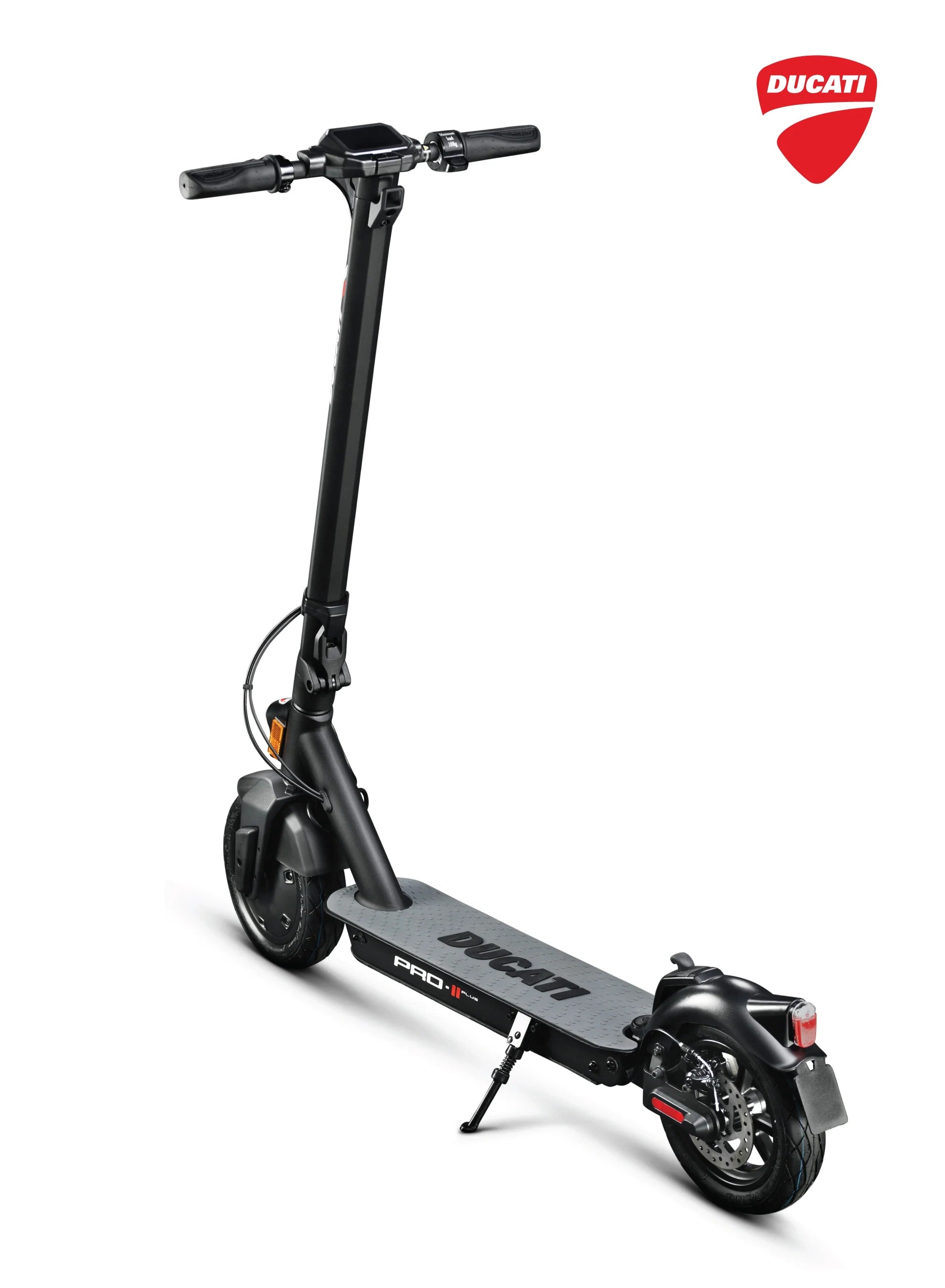 Black electric scooter with Ducati logo on a white background