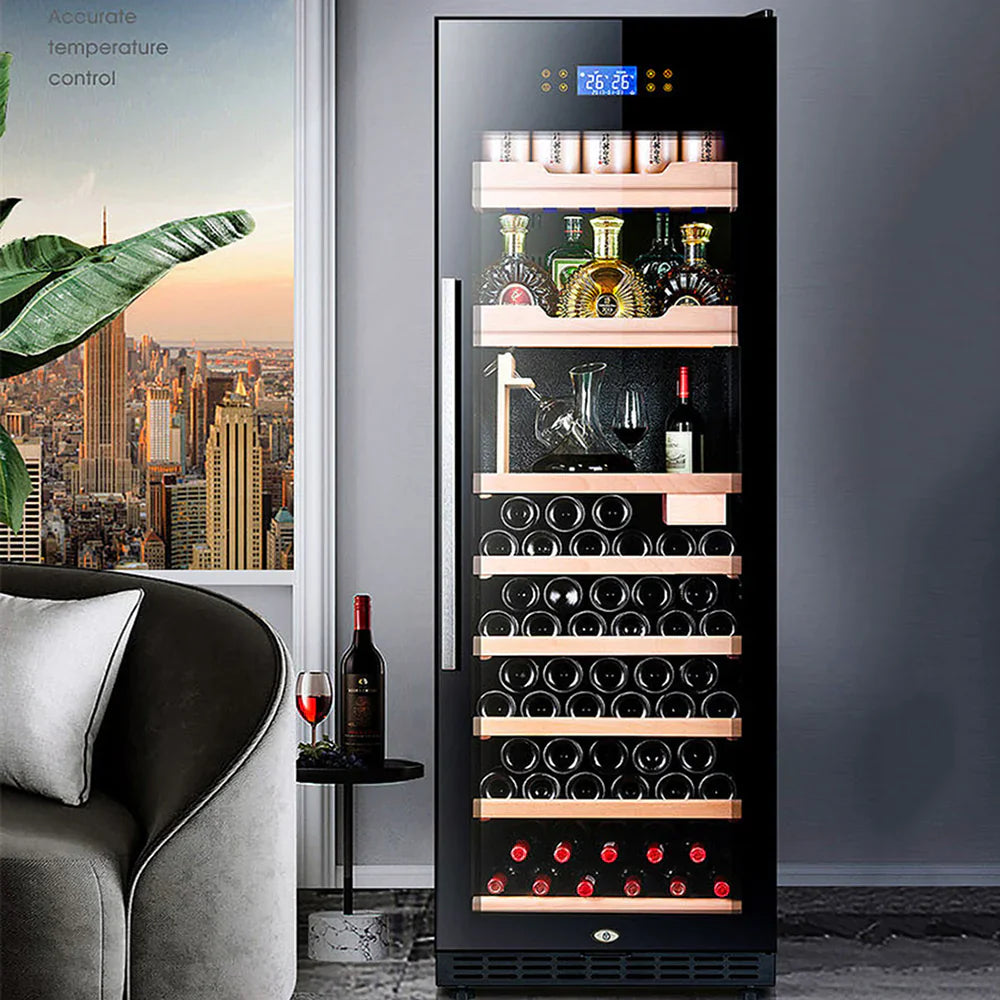 Wine cooler with bottles inside in a room with a cityscape view
