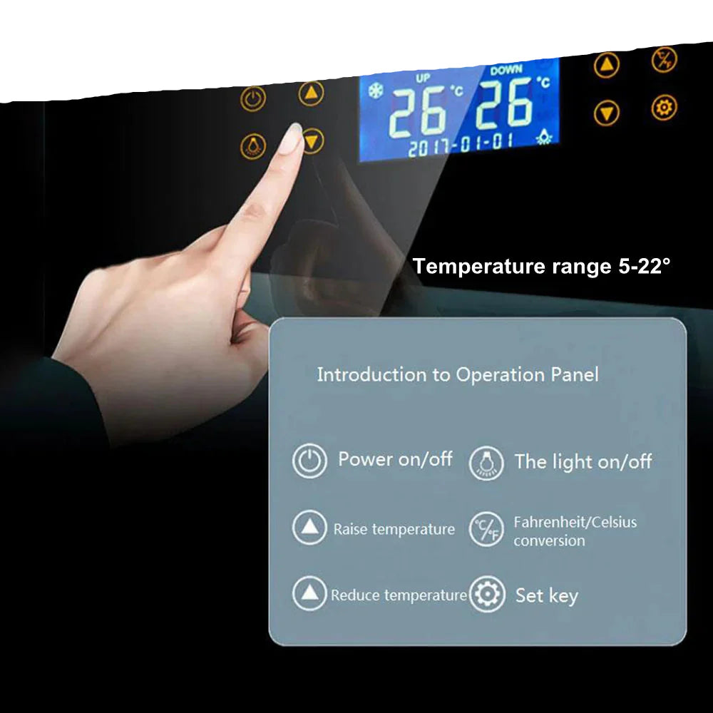 temperature control panel with digital display and hand pointing at it