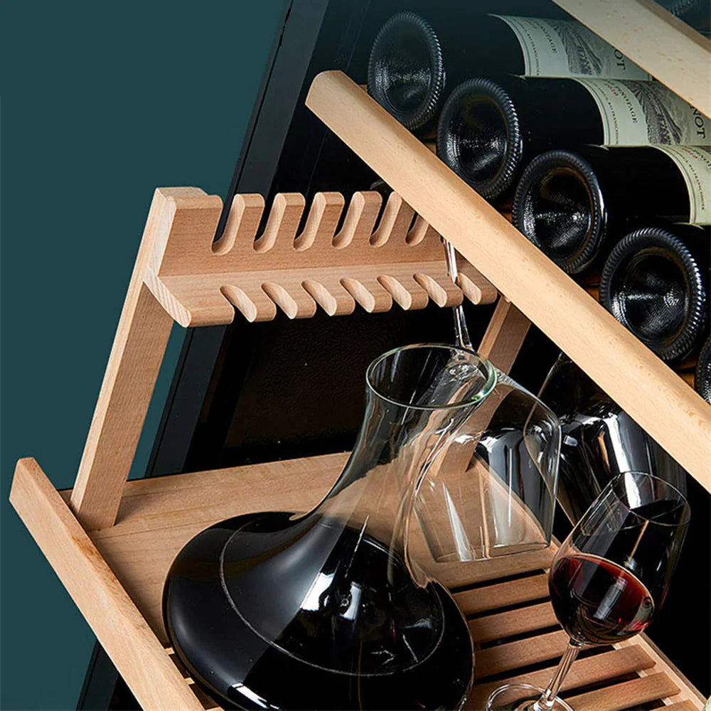 Wooden wine decanter and glass set with a wine rack in the background, featuring the Arabian carts brand.