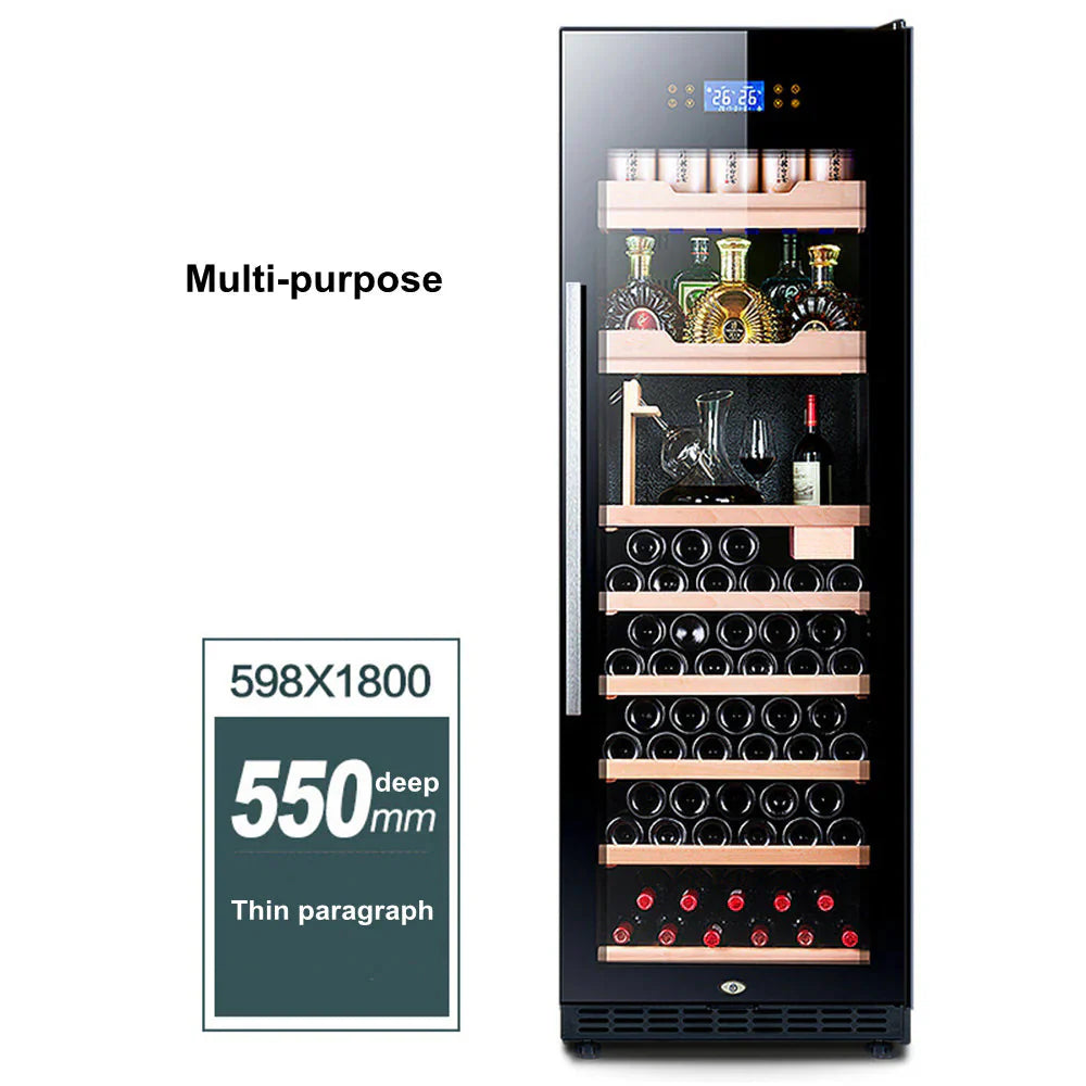 Multifunctional refrigerator with wine bottles and glasses on shelves, featuring the brand 'Arabian carts'.