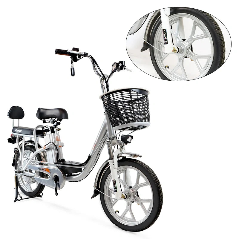 Electric bicycle with a basket and close-up of a wheel on a white background