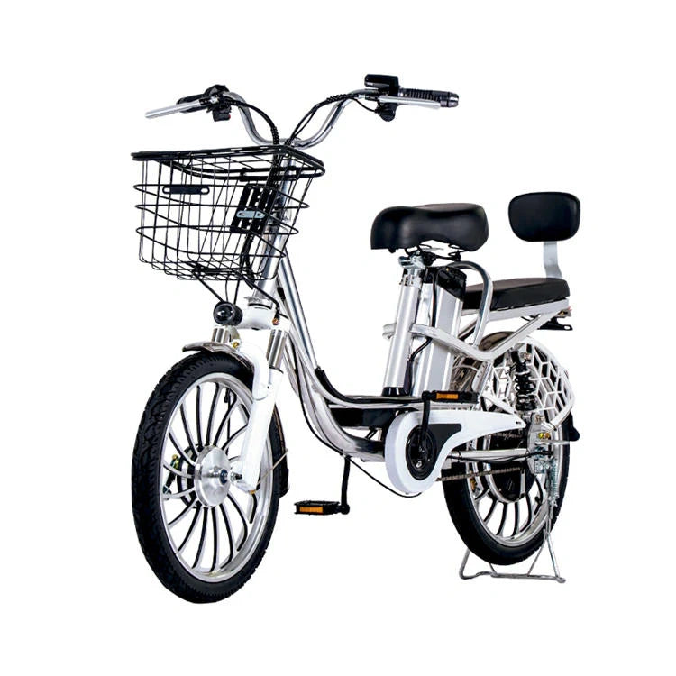 White bicycle with a basket and seat on a white background