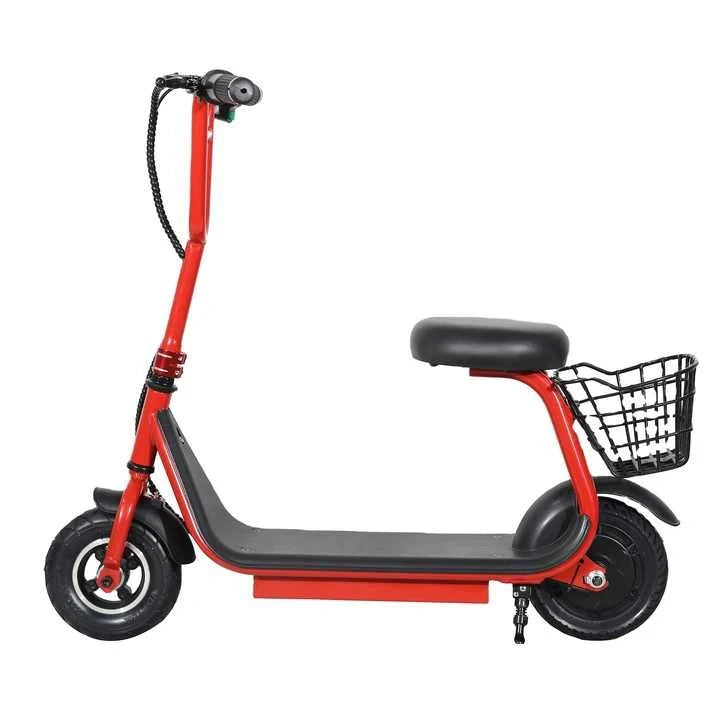 Red electric scooter with a black seat and basket on a white background