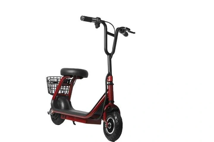 Red electric scooter with a black seat and basket on a white background