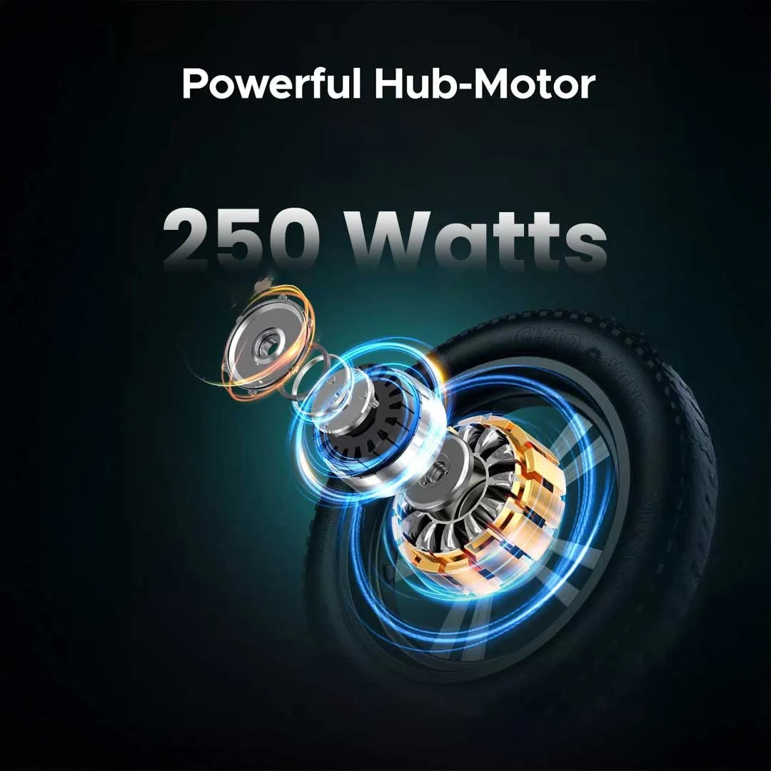 Powerful hub motor with 250 watts rating on a dark background