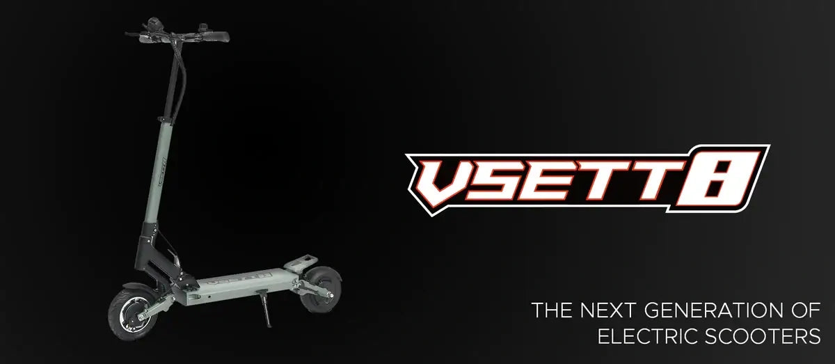 Electric scooter with VSETT8 logo on a black background