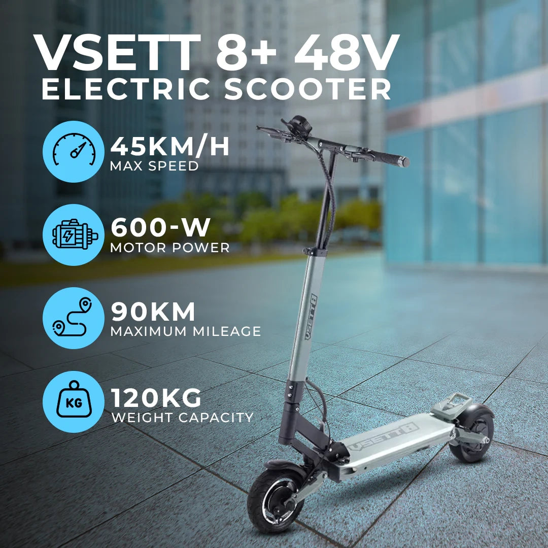 VSETT 8+ 48V electric scooter with specifications on a city street background