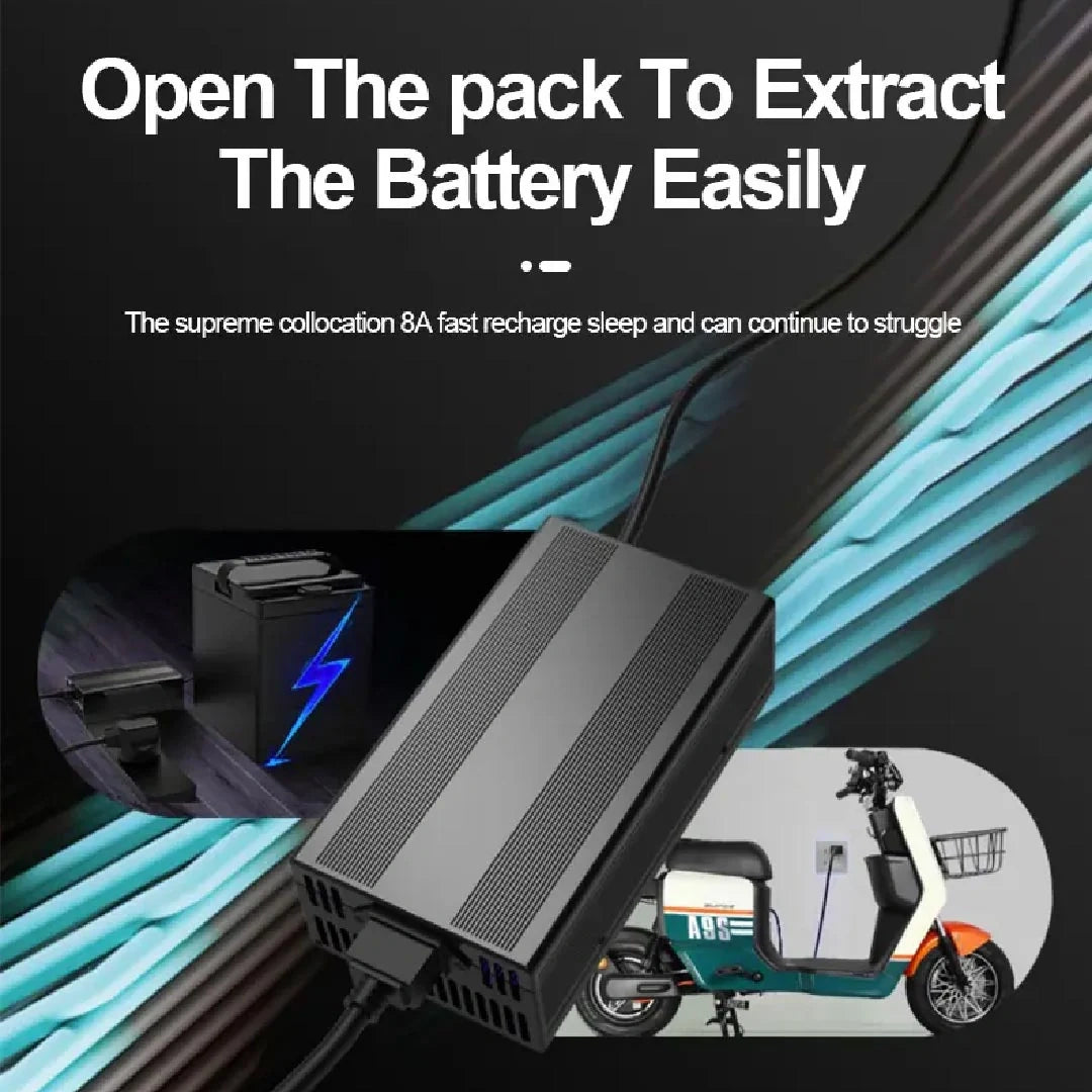 Battery pack with text on opening and extracting the battery, shown with a scooter in the background.