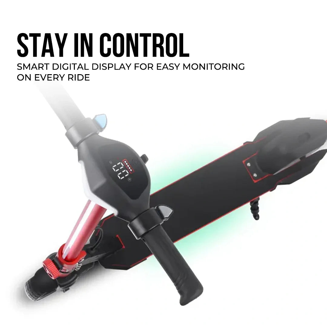 Black electric scooter with a smart digital display on a white background