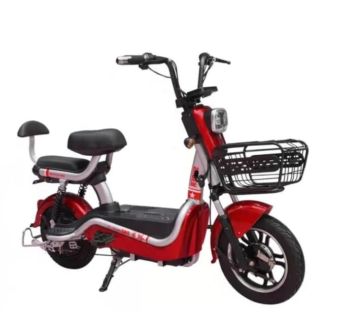 Red electric scooter with a black seat and basket on a white background