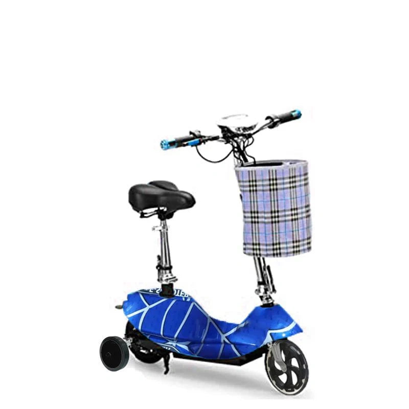 Blue scooter with a plaid basket on a white background
