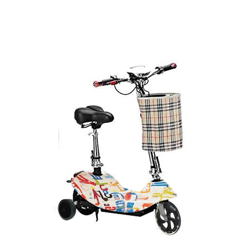 Colorful scooter with a basket on a white background