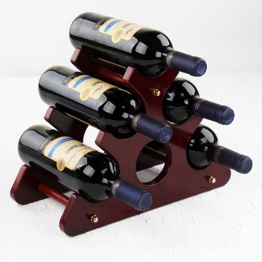Wooden wine rack holding six bottles of wine on a white background