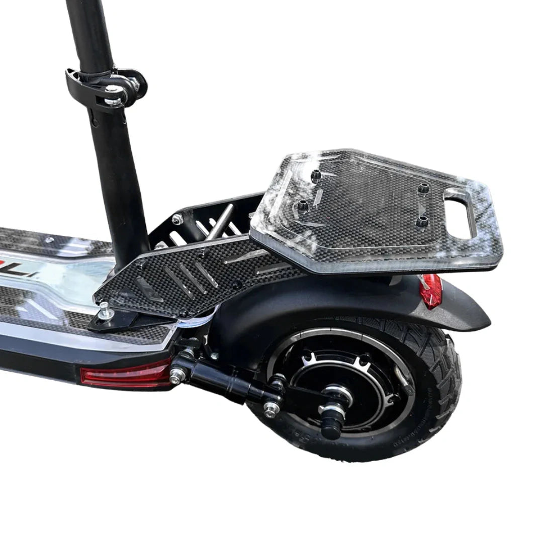 Close-up of a scooter's rear wheel and carbon fiber fender on a white background