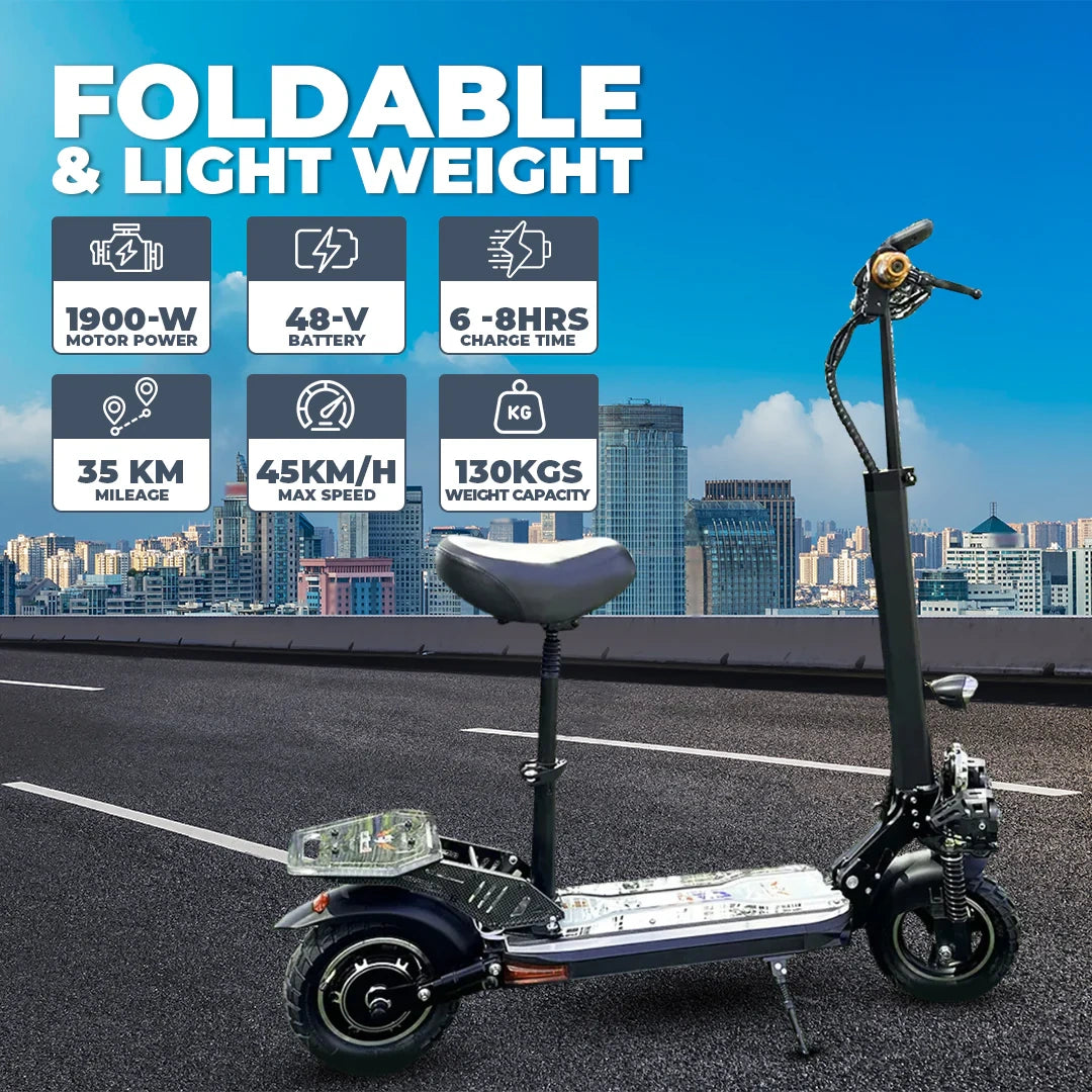 Foldable electric scooter with specifications on a cityscape background