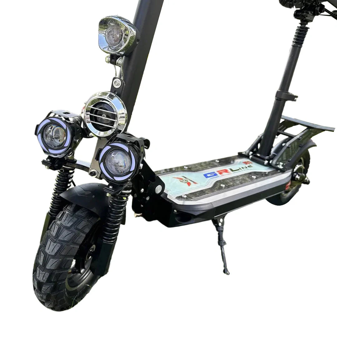 Black electric scooter with visible branding on a white background