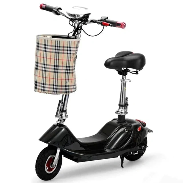 Black electric scooter with a plaid basket on a white background