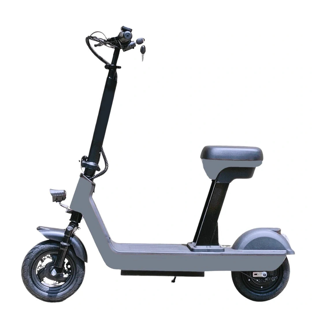 Gray electric scooter with black handlebar on a white background