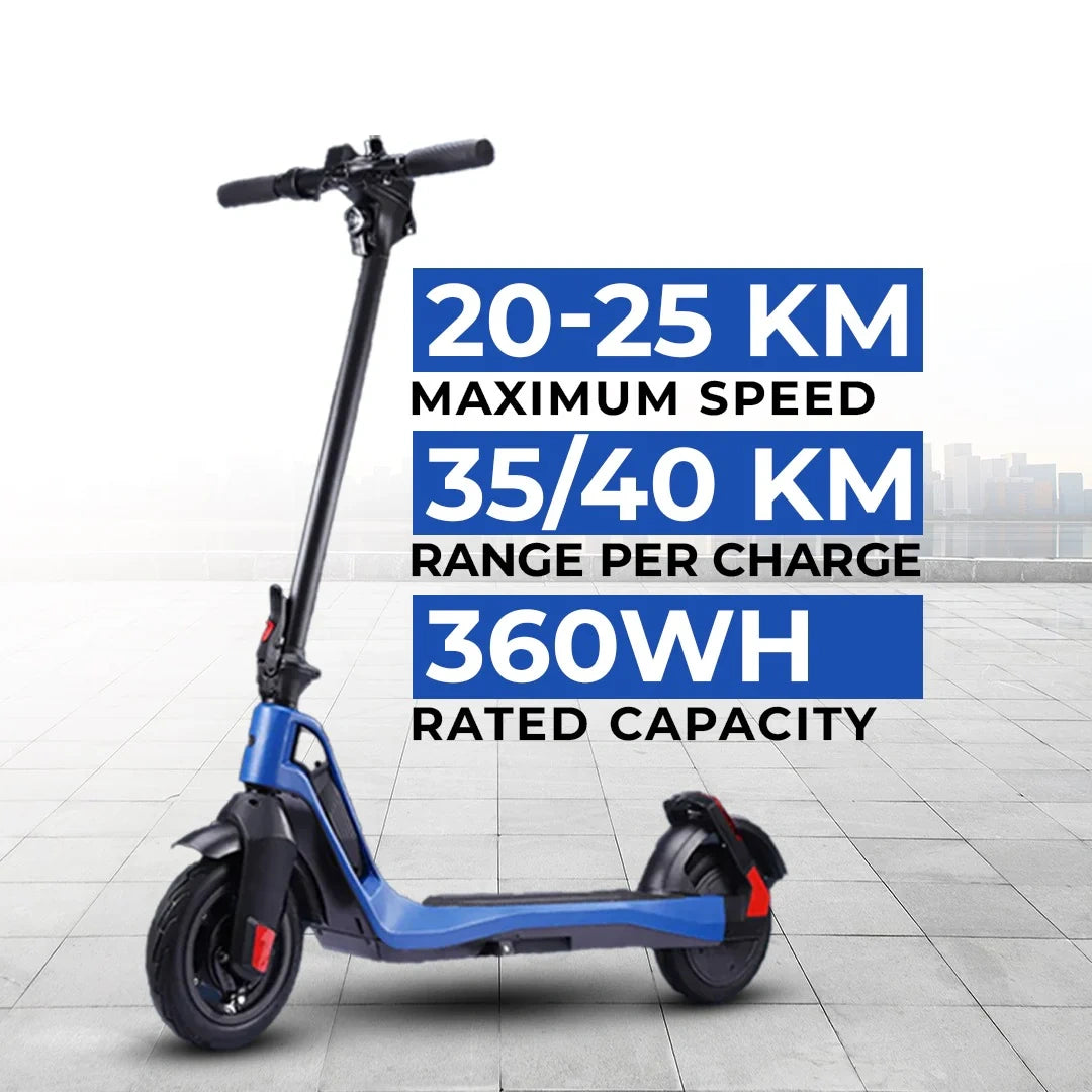 Electric scooter with performance specifications on a white background